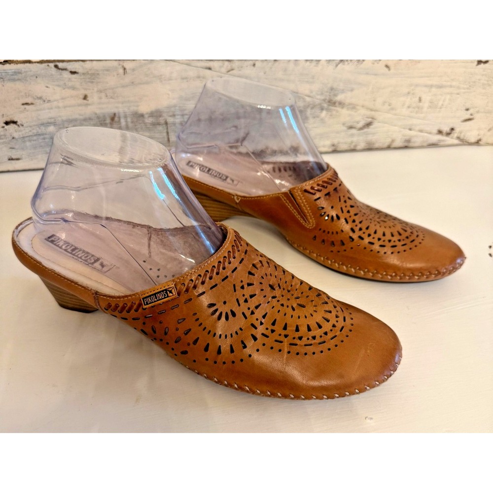 Pikolinos Mules Shoes Womens Size 9 Brown Leather Cutout Slip On Low Heel